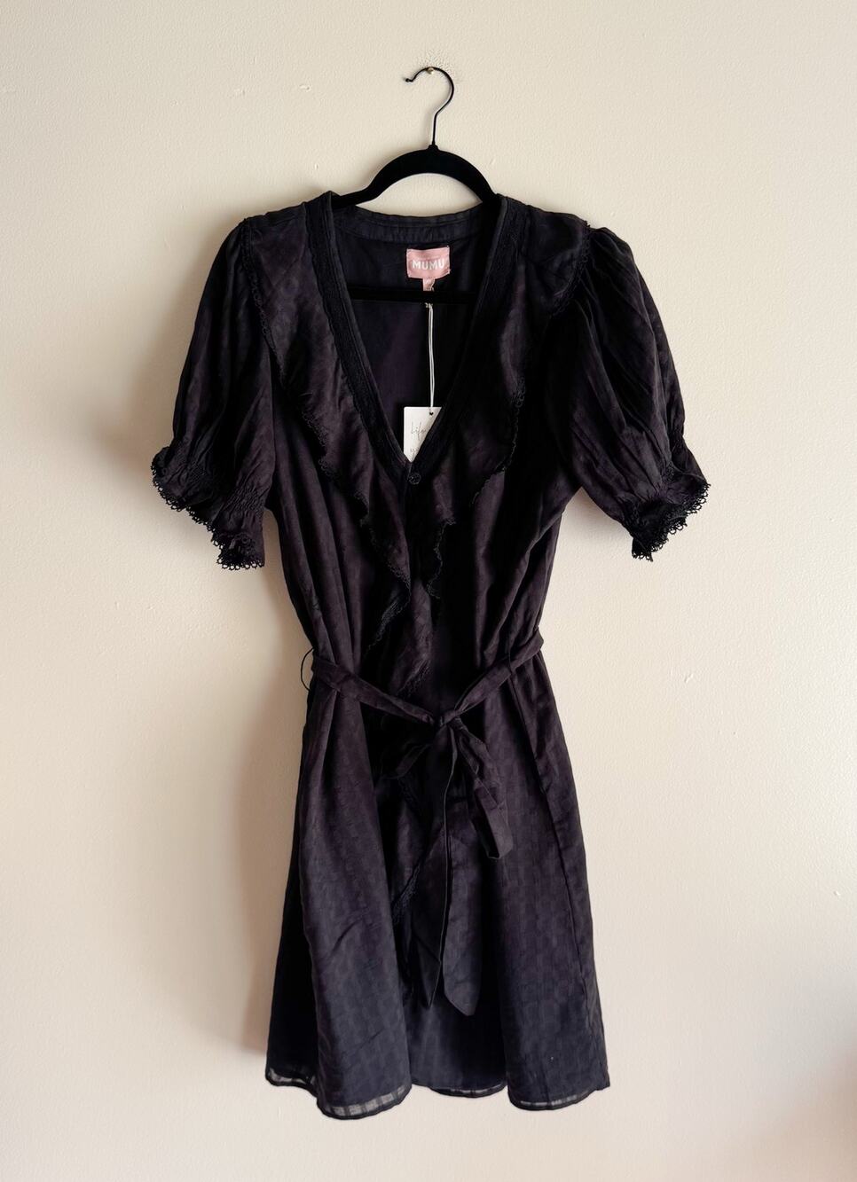 Show Me Your Mumu Black Marissa Ruffle Trim V Neck Mini Dress XL NWT Voile Edgy